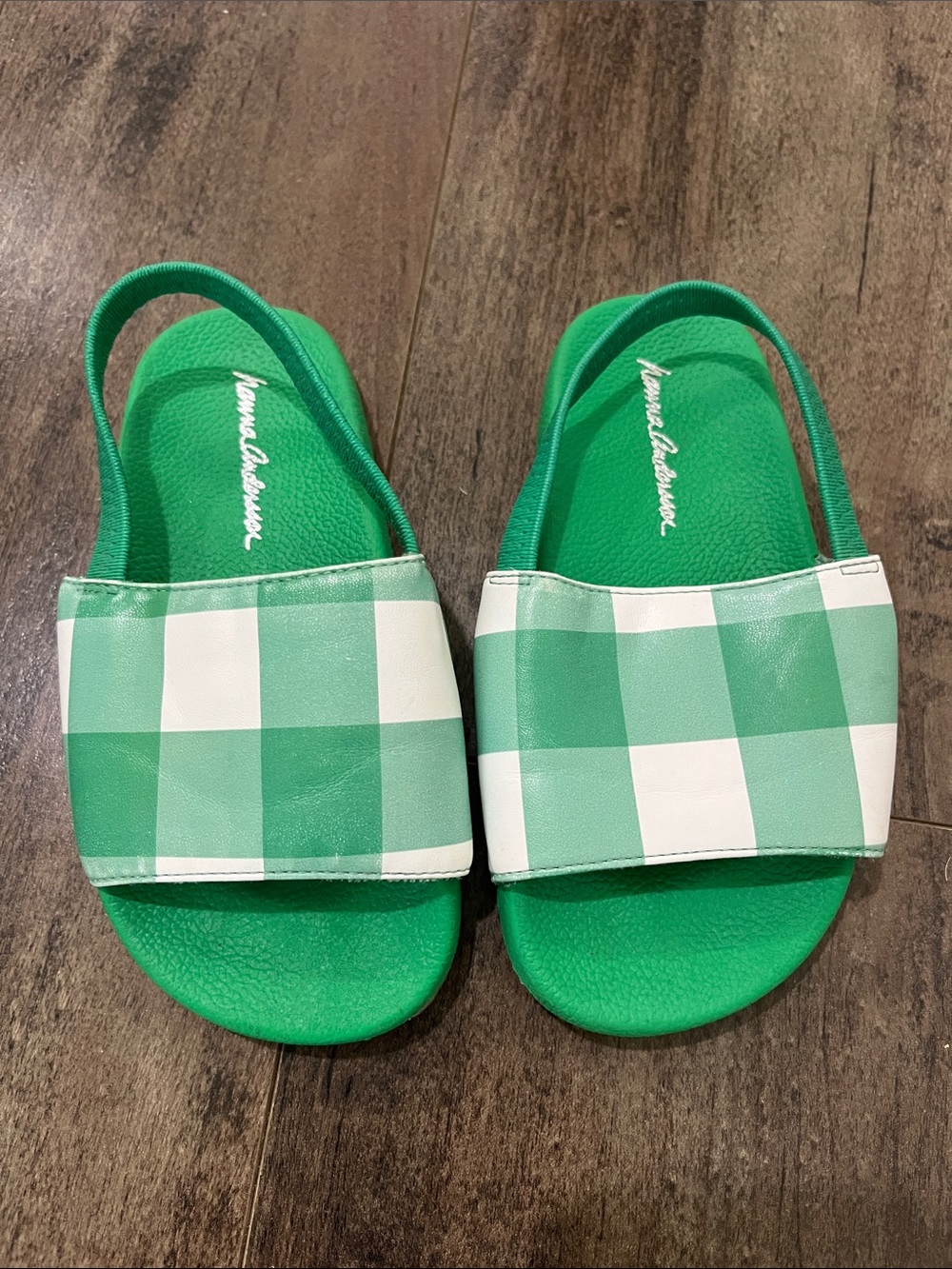 Hanna Andersson Green and White Gingham Slide Sandals with Back Strap